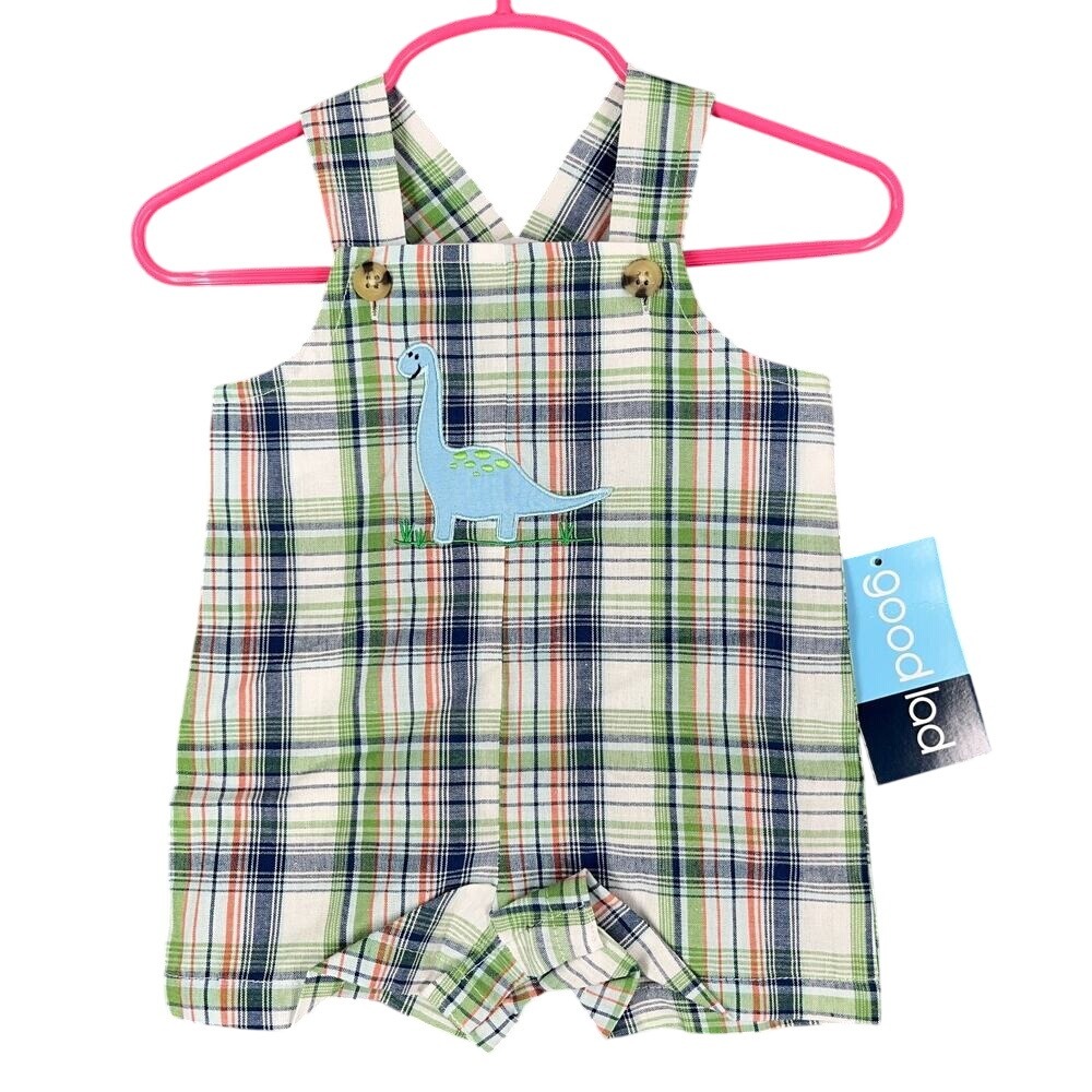 Goodlad Overalls Baby 3/6 Months Shorts Plaid Dinosaur‎ Brontosaurus Green